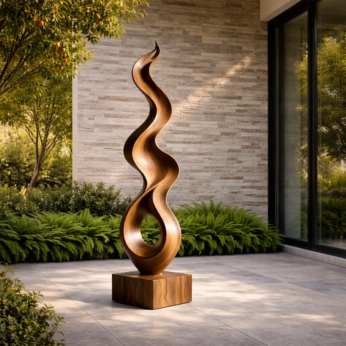 Modern floor sculpture featuring tall twisting form and smooth walnut tone finish statement piece