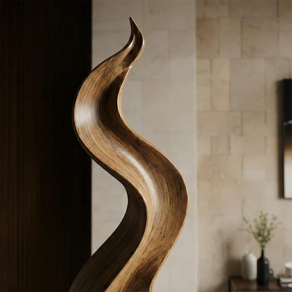 Decorative wood sculpture showcasing sculptural movement and smooth walnut tone finish texture