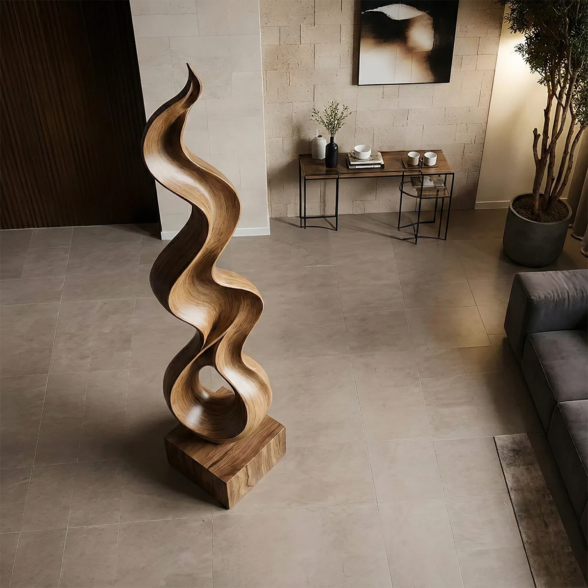 Large floor art sculpture designed with organic flow and warm walnut tone finish accent