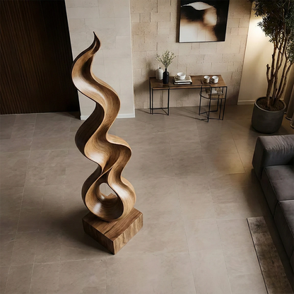 Large floor art sculpture designed with organic flow and warm walnut tone finish accent
