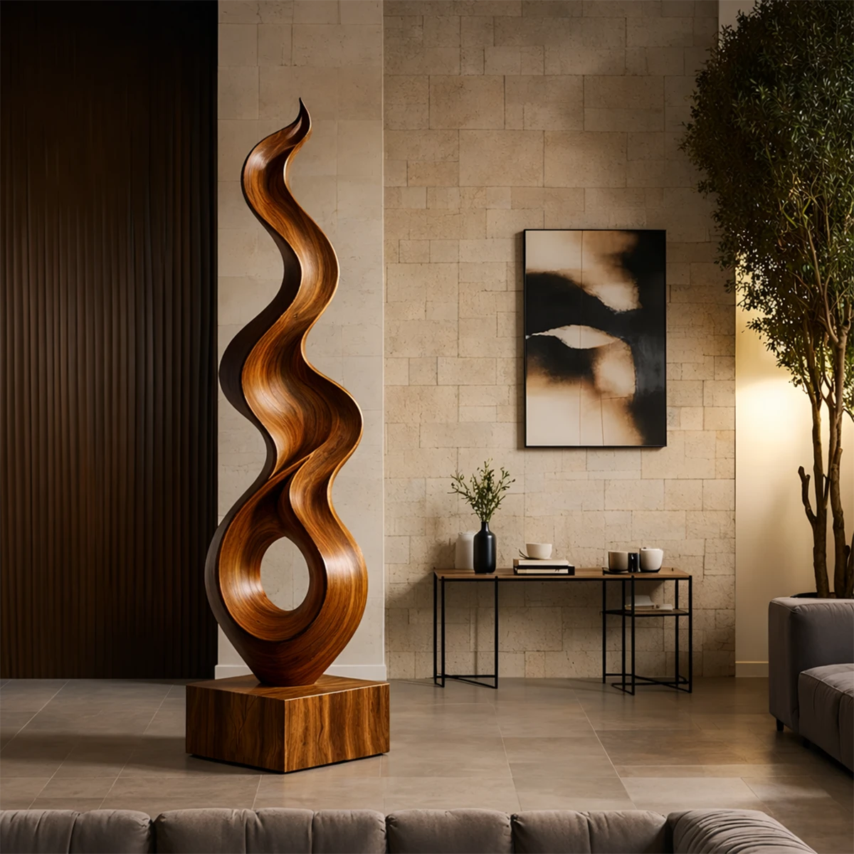 Modern interior sculpture with artistic flowing design and refined brown tone finish detail