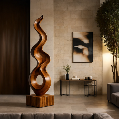 Modern interior sculpture with artistic flowing design and refined brown tone finish detail