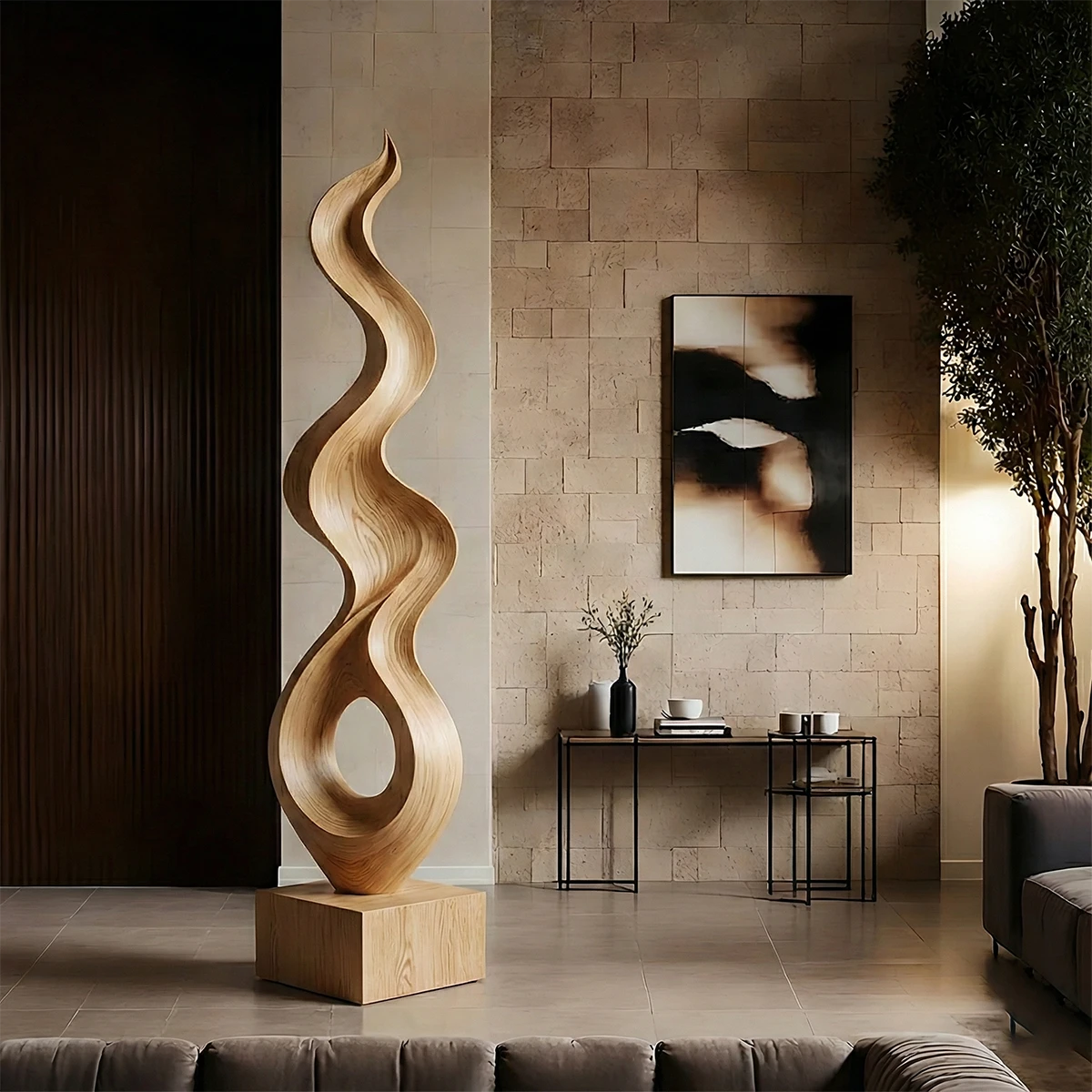 Luxury floor sculpture décor featuring bold curves and polished oak tone finish appearance