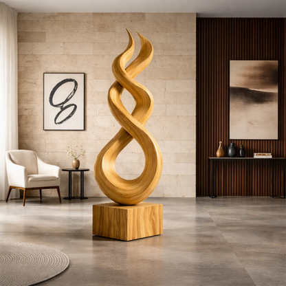Modern wood sculpture decor featuring elegant infinity twist design in warm oak tone finish