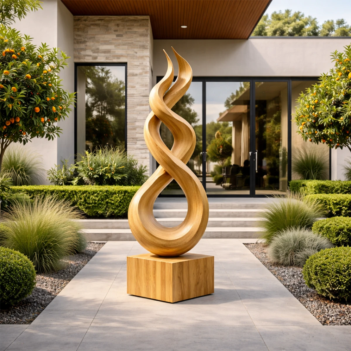 Abstract wood sculpture in oak tone finish with flowing infinity form on natural solid wood base