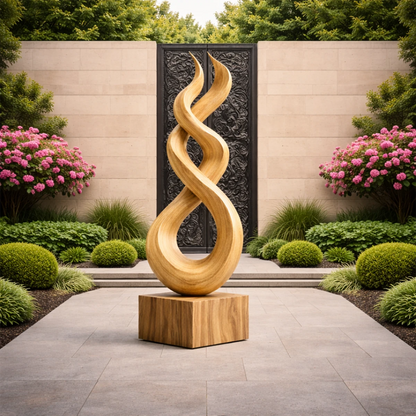 Floor standing wood sculpture with sculptural infinity curves in refined oak tone finish