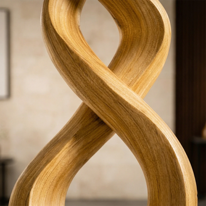 Large abstract sculpture in oak tone finish showcasing smooth flowing modern artistic form
