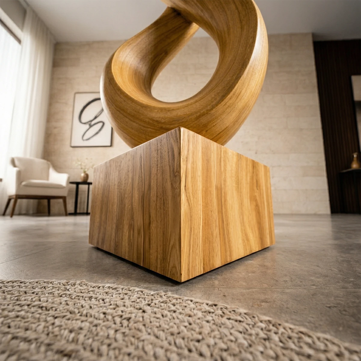 Contemporary wood sculpture with artistic twisting silhouette in elegant oak tone finish