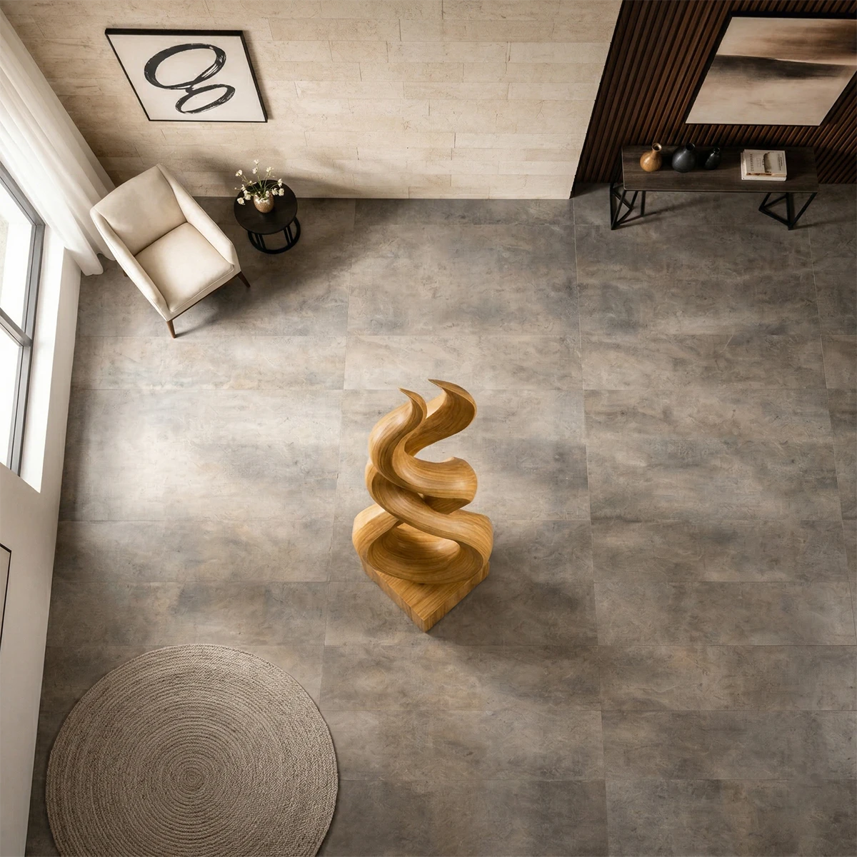 Infinity wood sculpture design in warm oak tone finish with bold sculptural presence