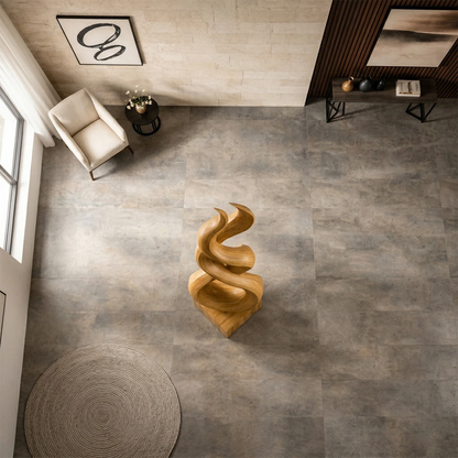 Infinity wood sculpture design in warm oak tone finish with bold sculptural presence