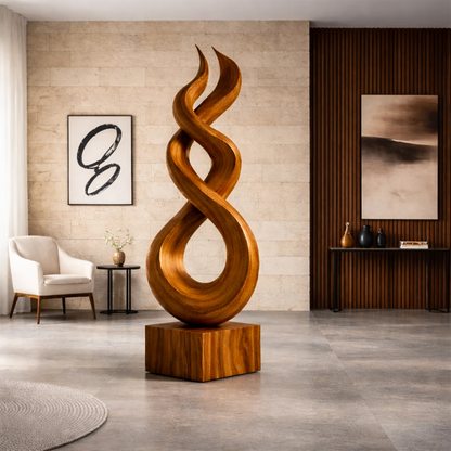 Modern abstract decor sculpture in brown tone finish adding visual height and movement