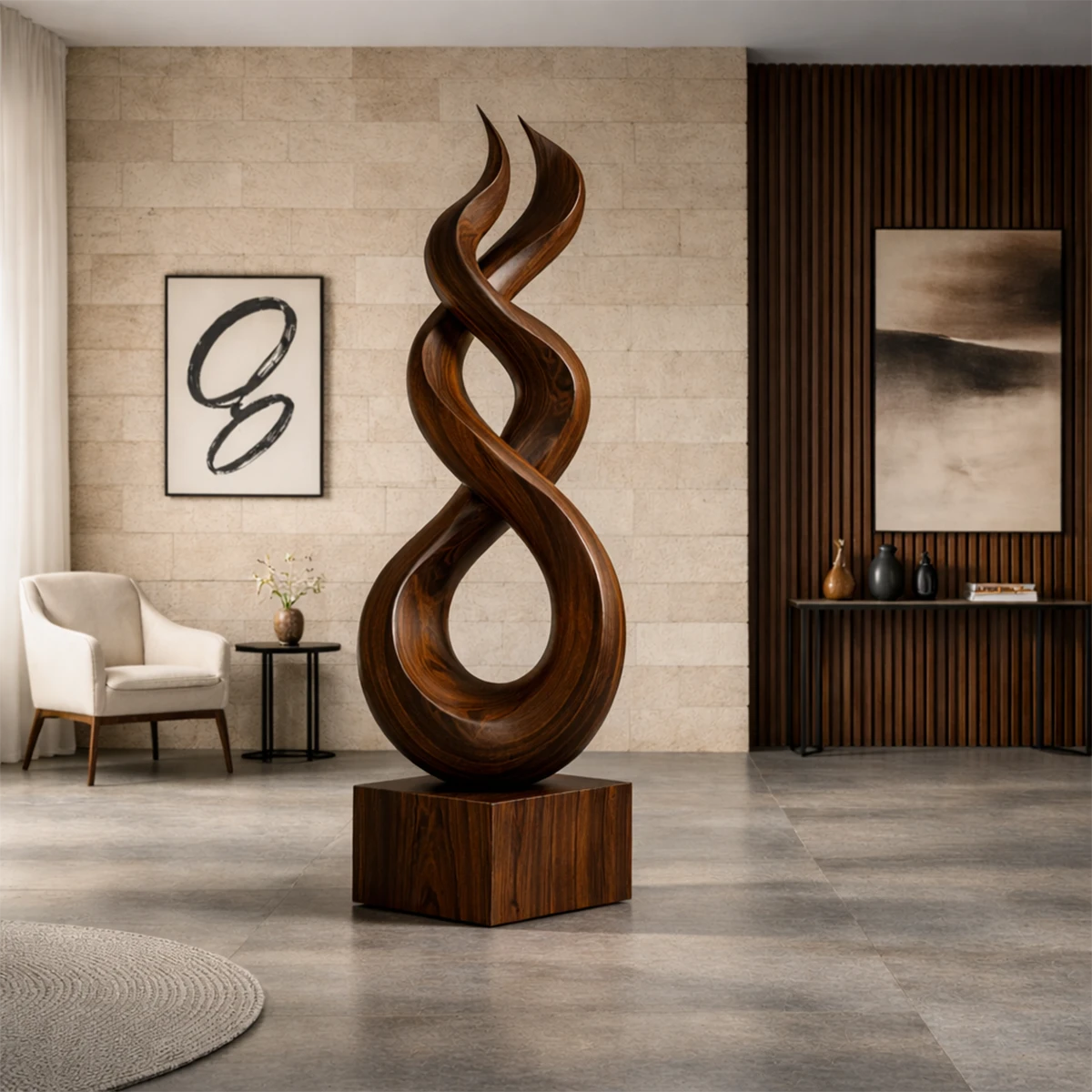 Decorative wood floor sculpture with flowing organic lines in soft walnut tone finish