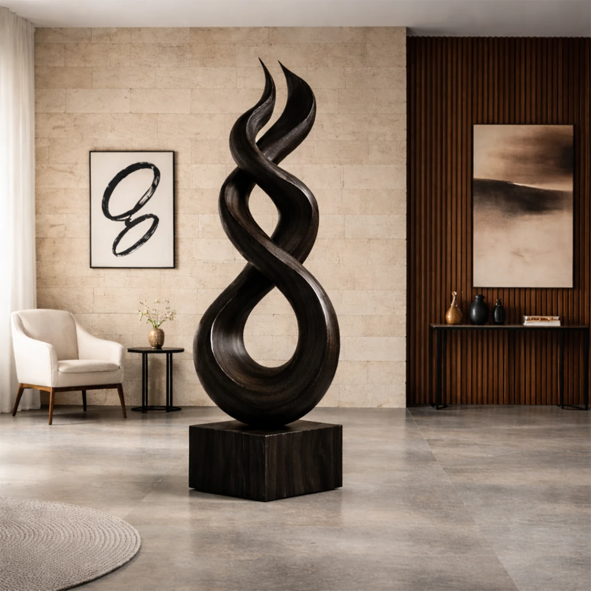 Statement wood sculpture decor featuring bold infinity shape in natural black tone finish