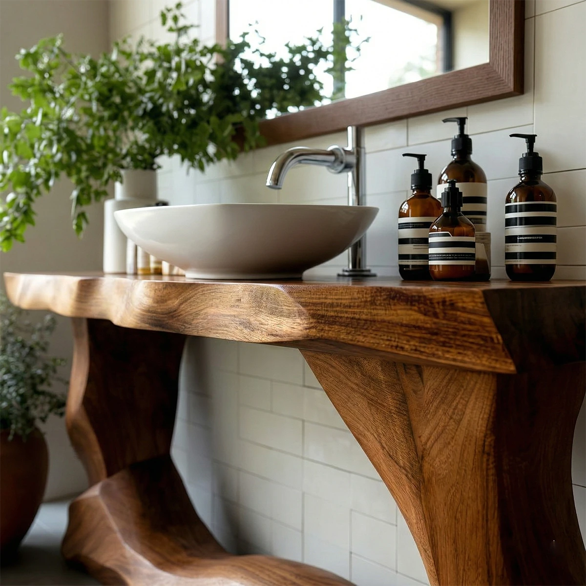 Rustic brown wooden vanity with sculpted base