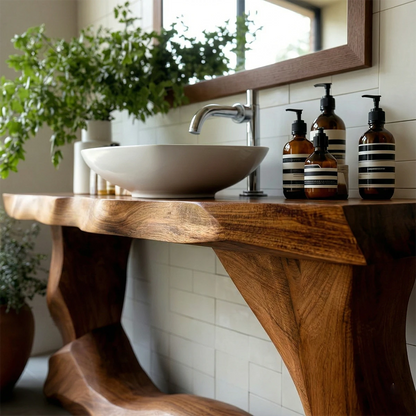Rustic brown wooden vanity with sculpted base