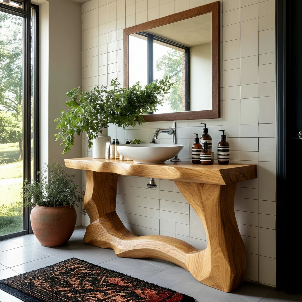 Elegant brown wood vanity with natural grain texture
