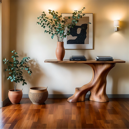 Artisan brown wood console table with organic root base