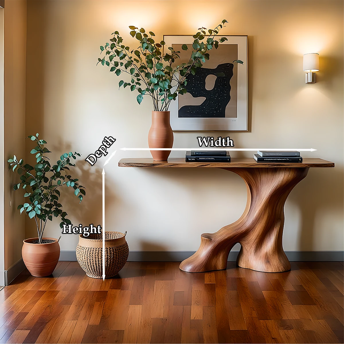 Handcrafted brown wood console table with root base