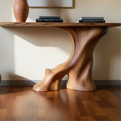 Natural brown wood console table with flowing base