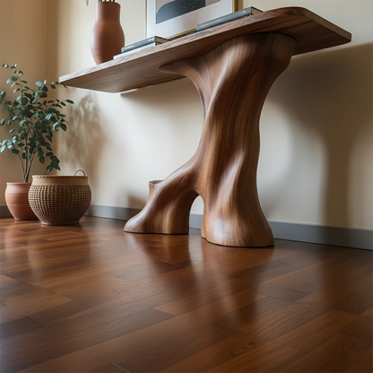 Contemporary brown wood console table with root style base