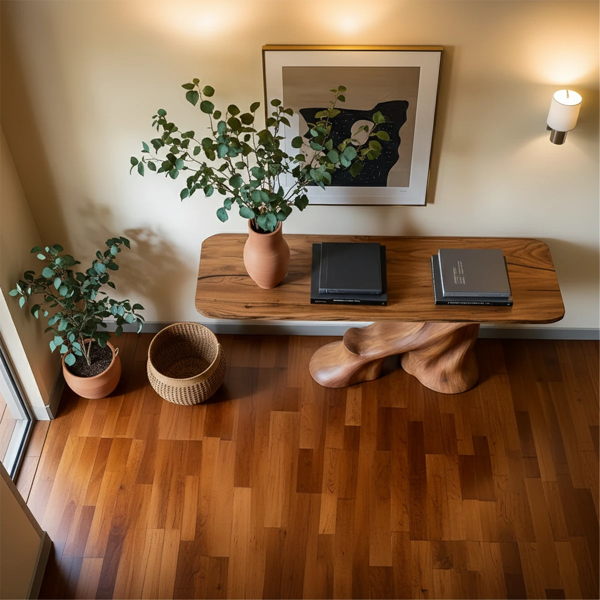 Elegant brown wood console table with organic pedestal