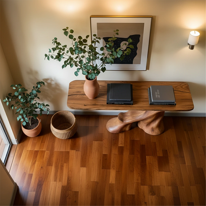 Elegant brown wood console table with organic pedestal
