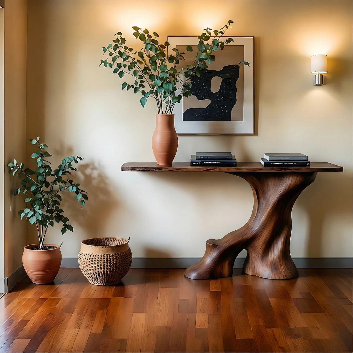 Sculptural brown wood console table with curved base