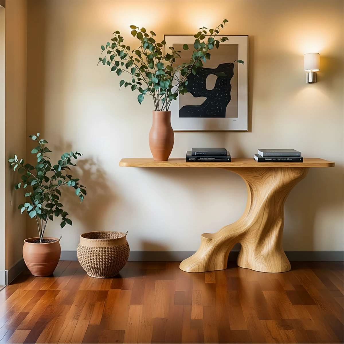 Designer brown wood console table with natural form base