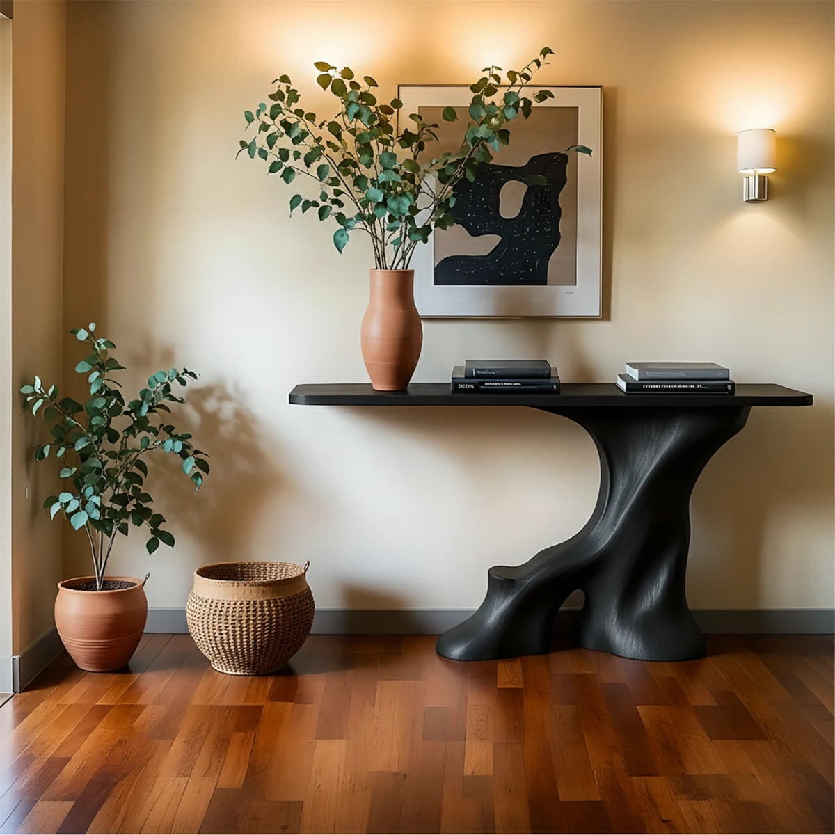 Solid brown wood console table with artistic pedestal
