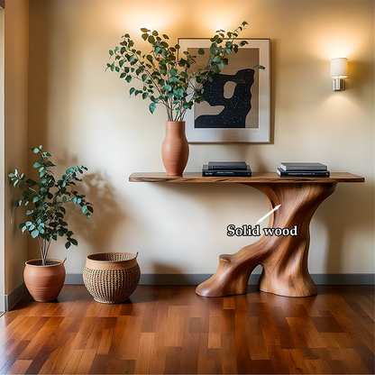Luxury brown wood console table with organic wood base