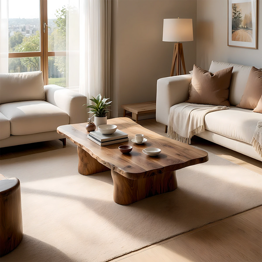 Walnut coffee table with freeform wood slab