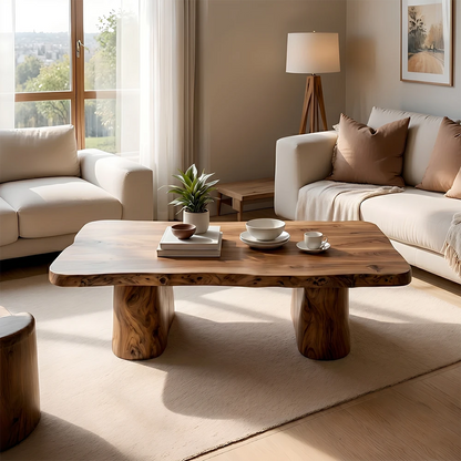 Living room with a wooden coffee table, beige sofas, and a lamp.