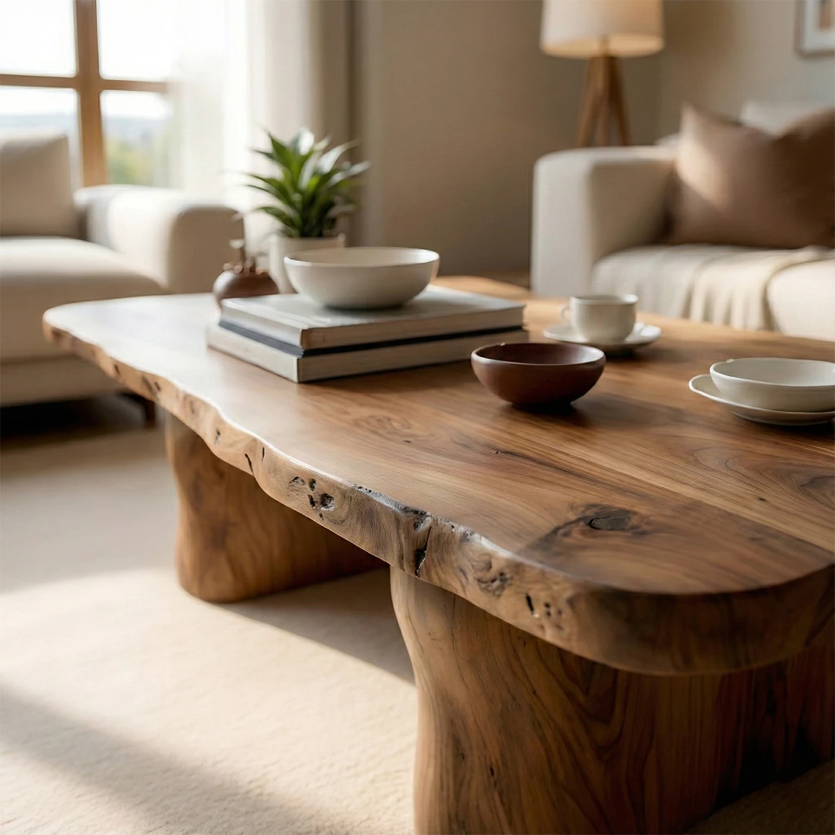 Walnut wood coffee table with flowing grain pattern