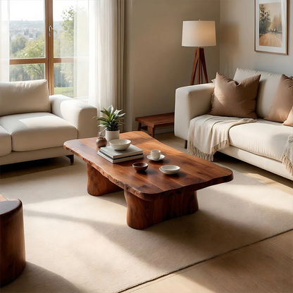 Walnut slab coffee table with sculptural design