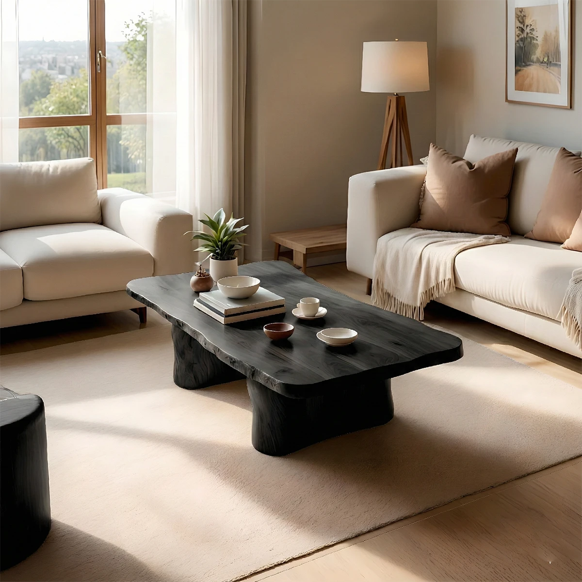 Designer walnut coffee table with raw wood texture