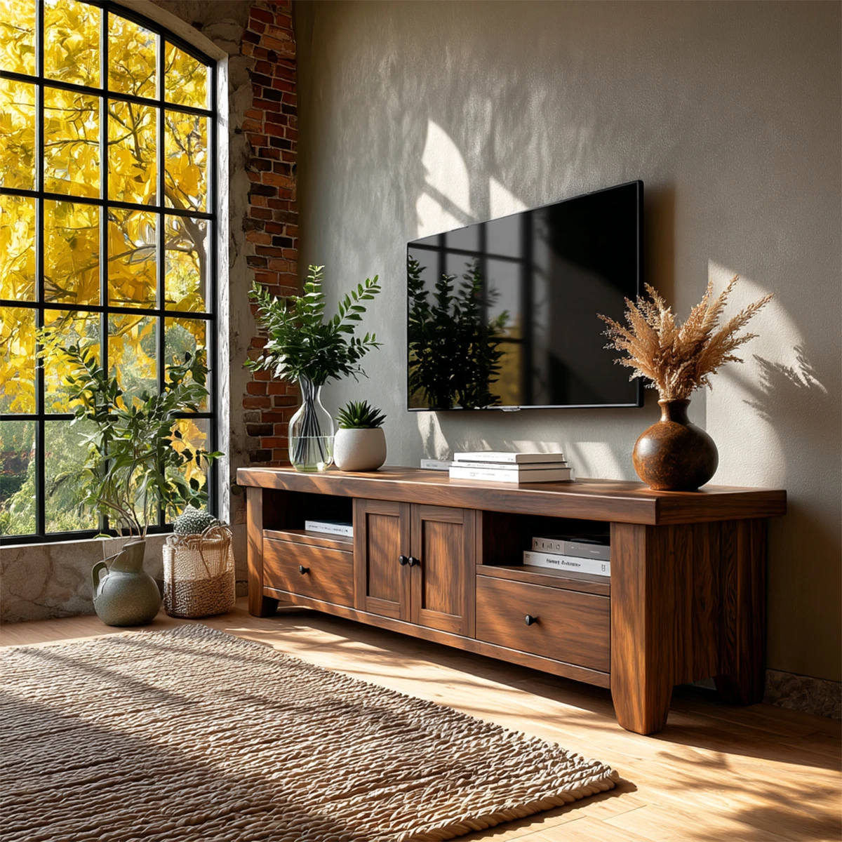 TV console with classic storage design placed by sunlit window with autumn foliage view