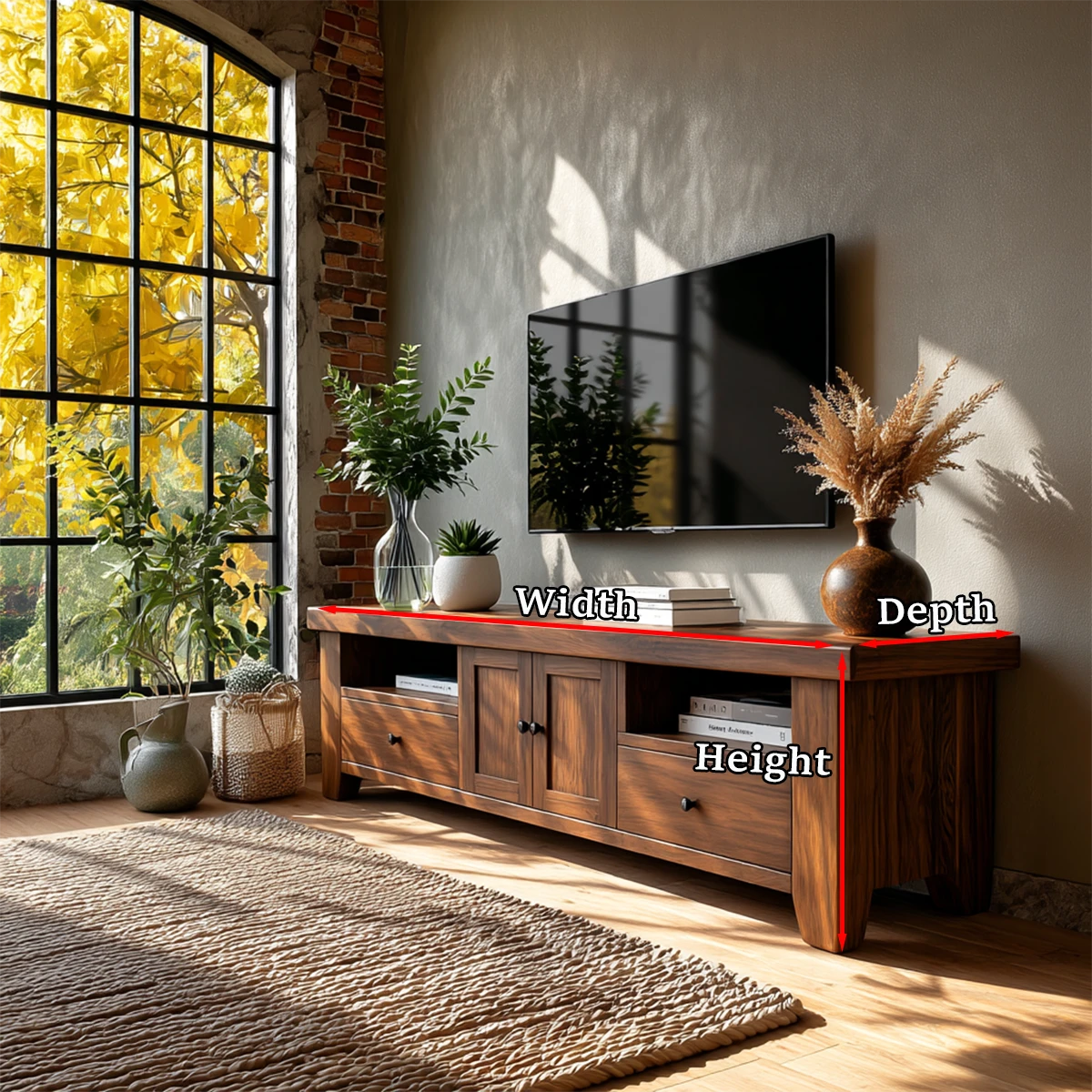 Inviting living room featuring wood media cabinet with drawers and soft natural lighting