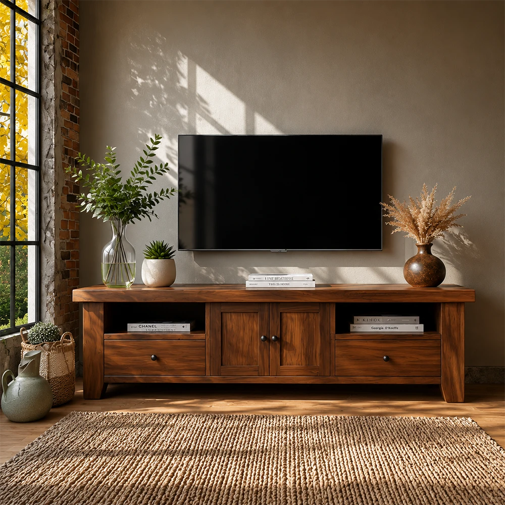 Wooden TV stand with a television, plants, and books in a room with a window and rug.