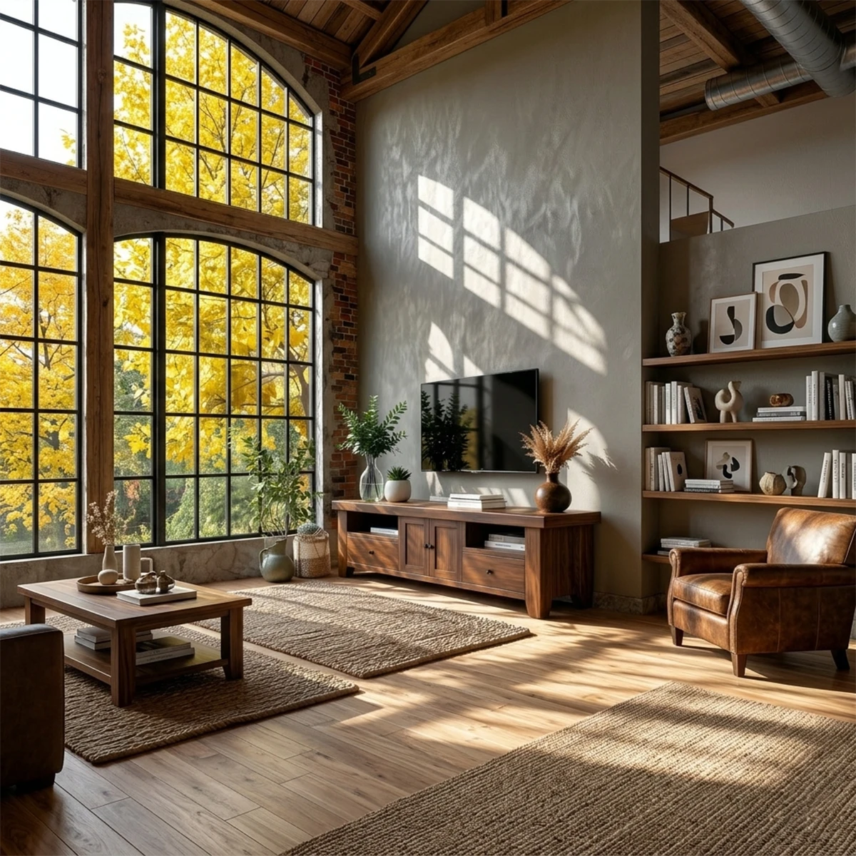Warm living room featuring wooden media unit with cabinets and drawers near large window