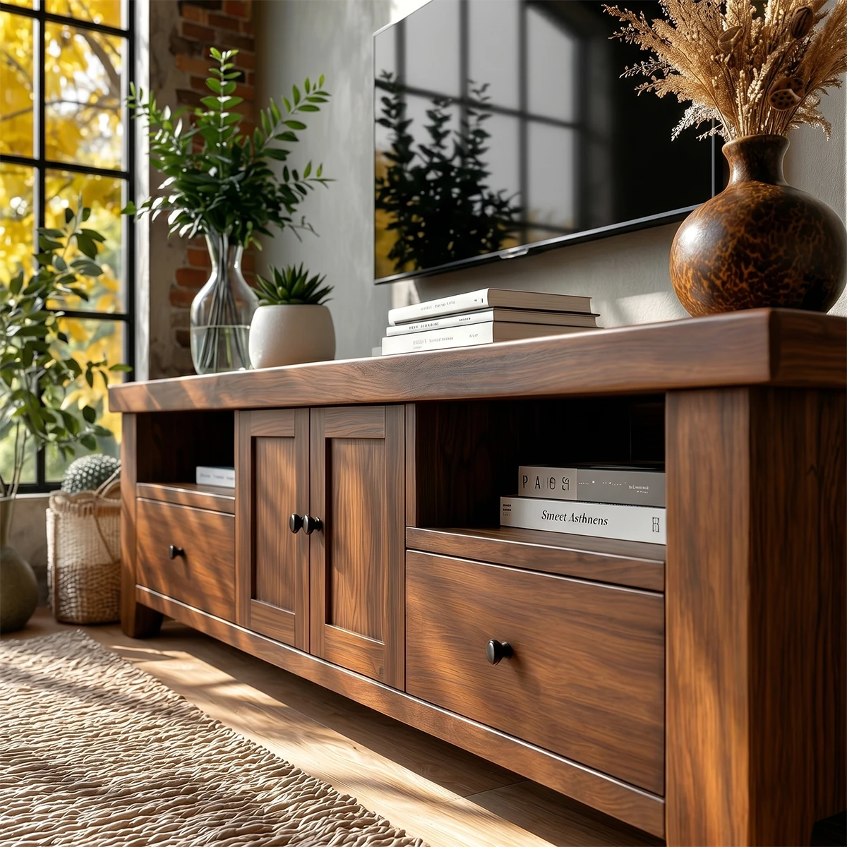 Natural wood TV stand with closed storage and open shelf in bright autumn-inspired interior