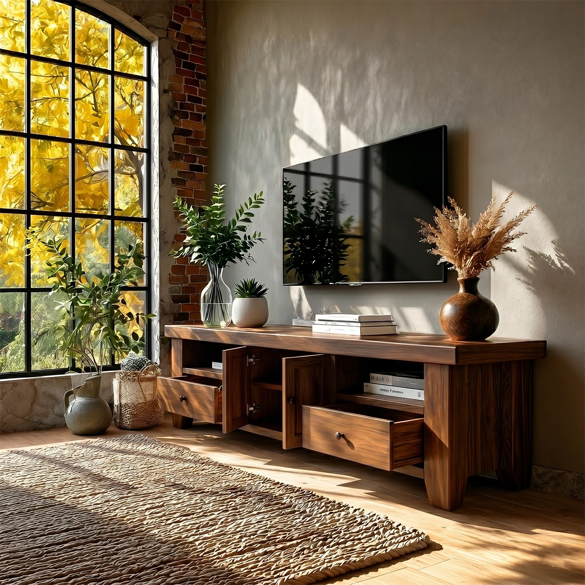 Cozy interior with media console and cabinet storage positioned beside tall framed window