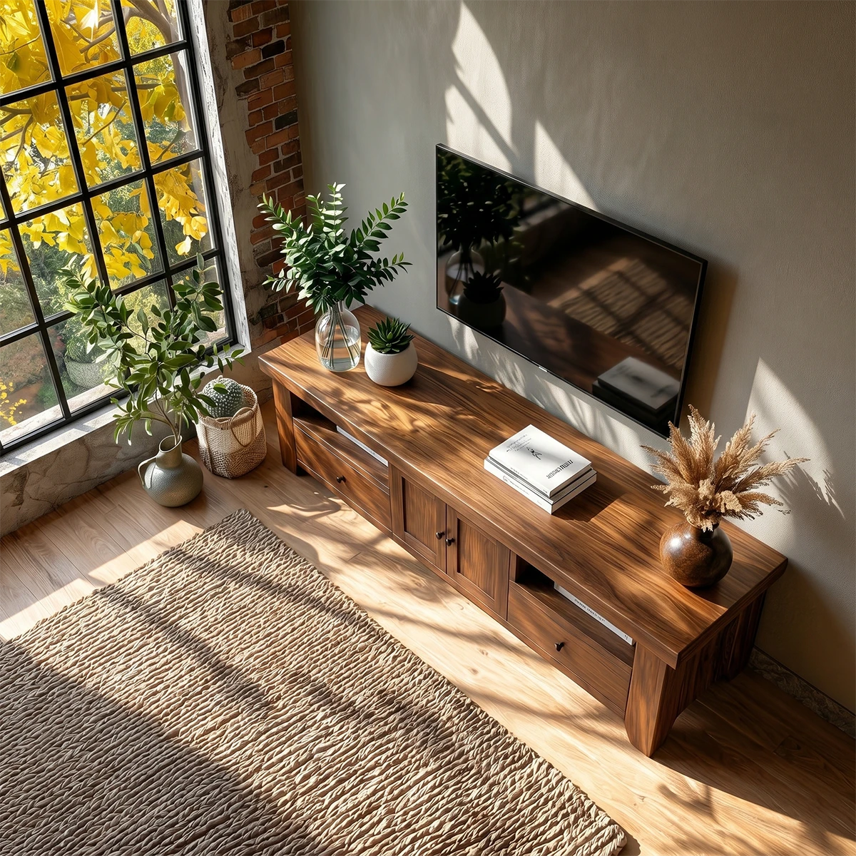 Wooden TV cabinet with drawers and center doors styled in sunlit modern living room