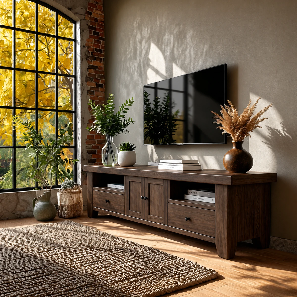 Bright living space showcasing TV console with mixed storage and decorative accents
