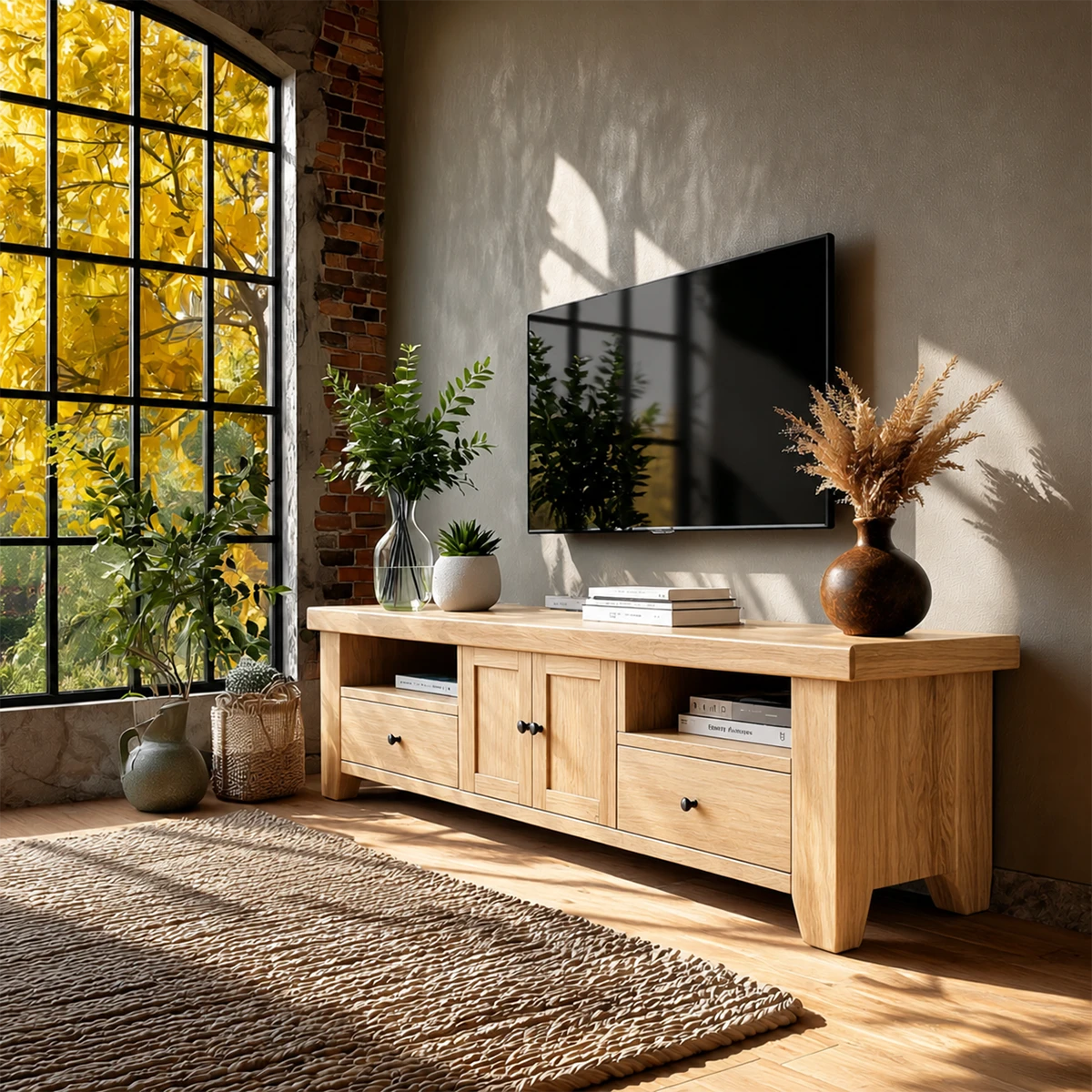 Media unit with cabinet doors and drawers placed in warm natural light environment