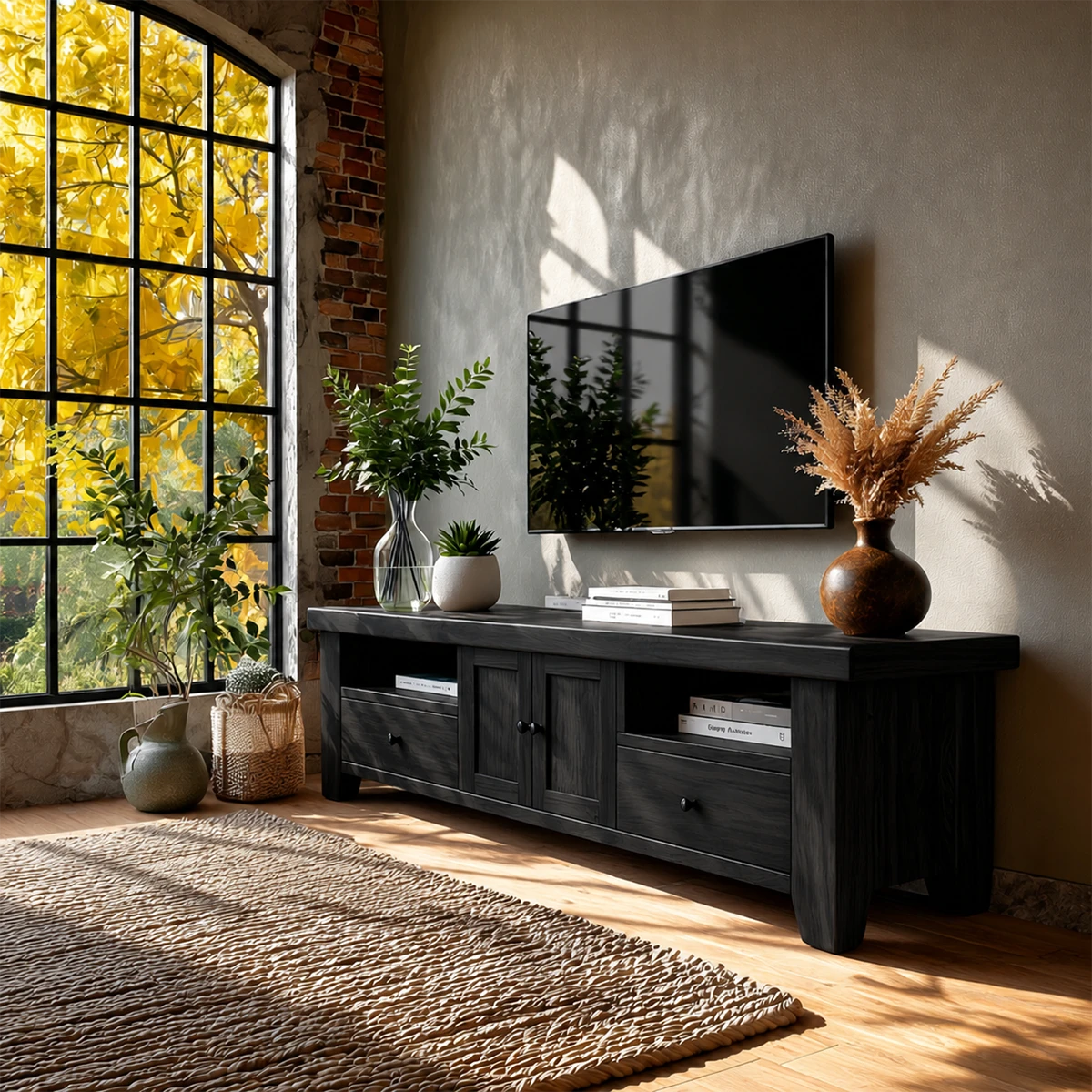 Sunlit room with wooden TV stand offering storage compartments and clean structure