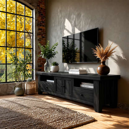 Sunlit room with wooden TV stand offering storage compartments and clean structure