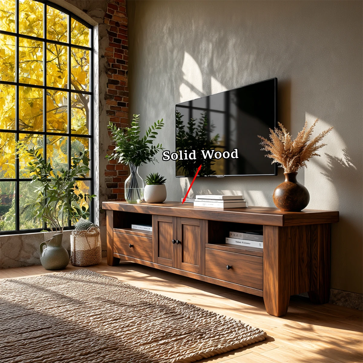 Classic TV console with practical storage set against window with golden seasonal view