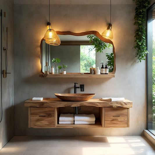 Boho elm floating bathroom vanity with live edge wood top