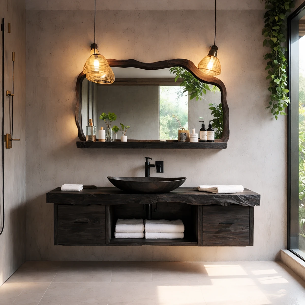 Premium elm floating bathroom vanity with organic wood design