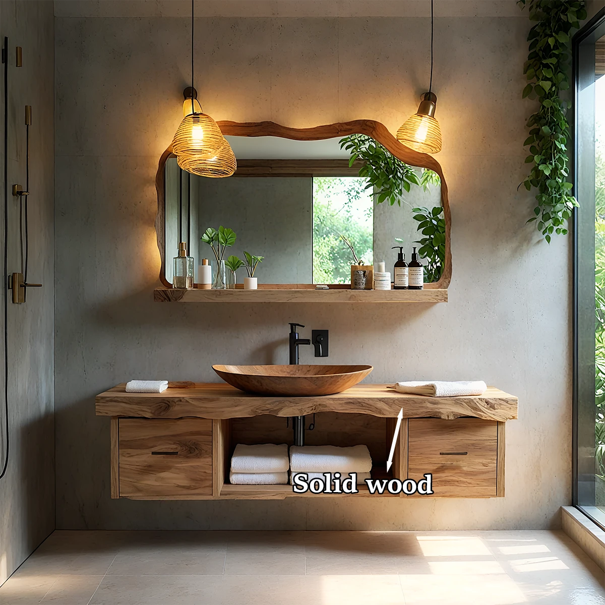 Rustic boho elm floating bathroom vanity with open shelf storage